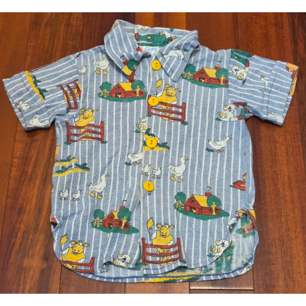 Vintage Kids Carter's 4T Blue Striped Button-up Shirt Farm Animal Duck